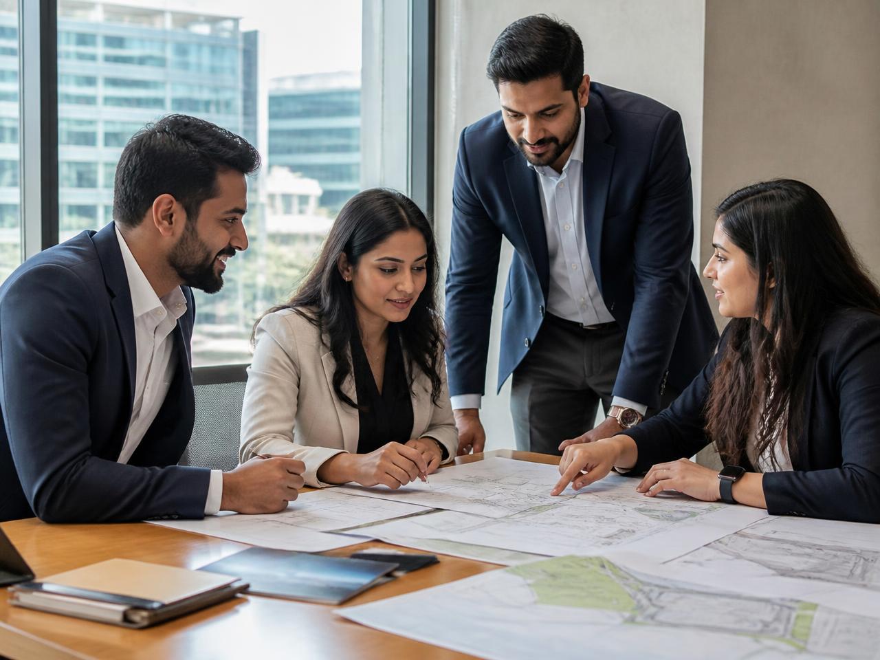 Acuvitta consultants reviewing industrial site plans in a Bengaluru office