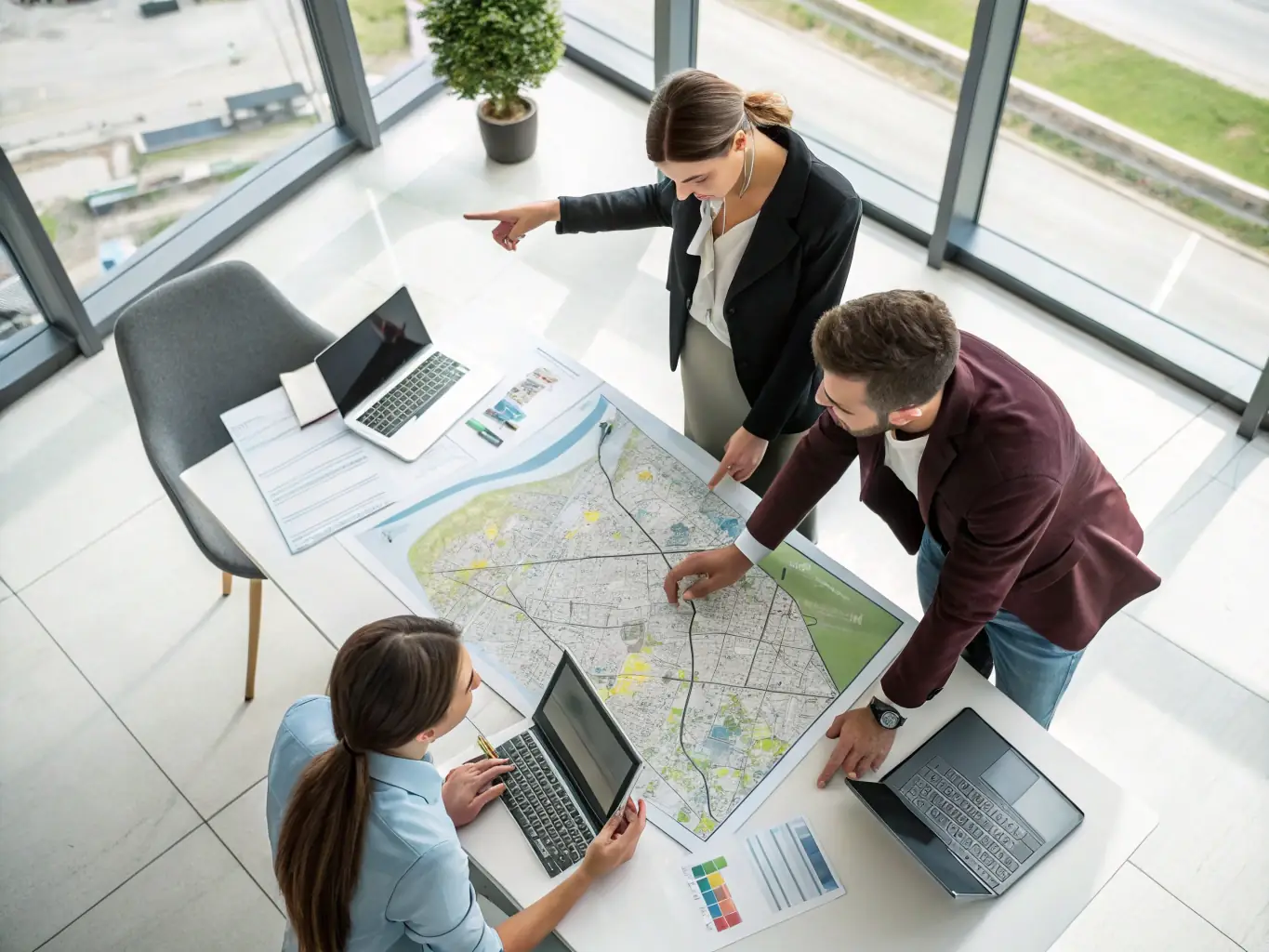 An image showing a team of Acuvitta consultants reviewing land documents and maps, highlighting their expertise in due diligence and regulatory compliance.